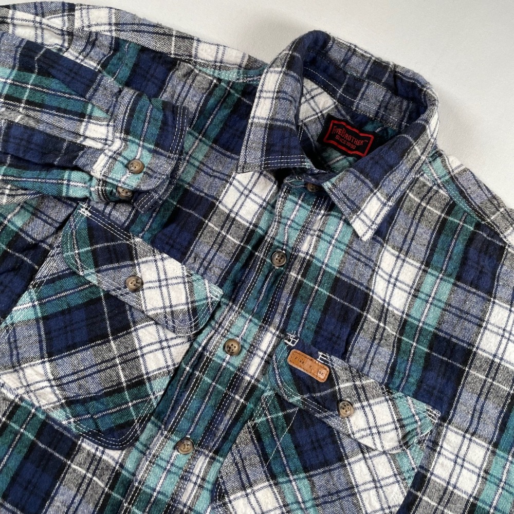 FIVE BROTHER Mens 2XL REG Plaid Thick Flannel Button Up Shirt Blue Green‎